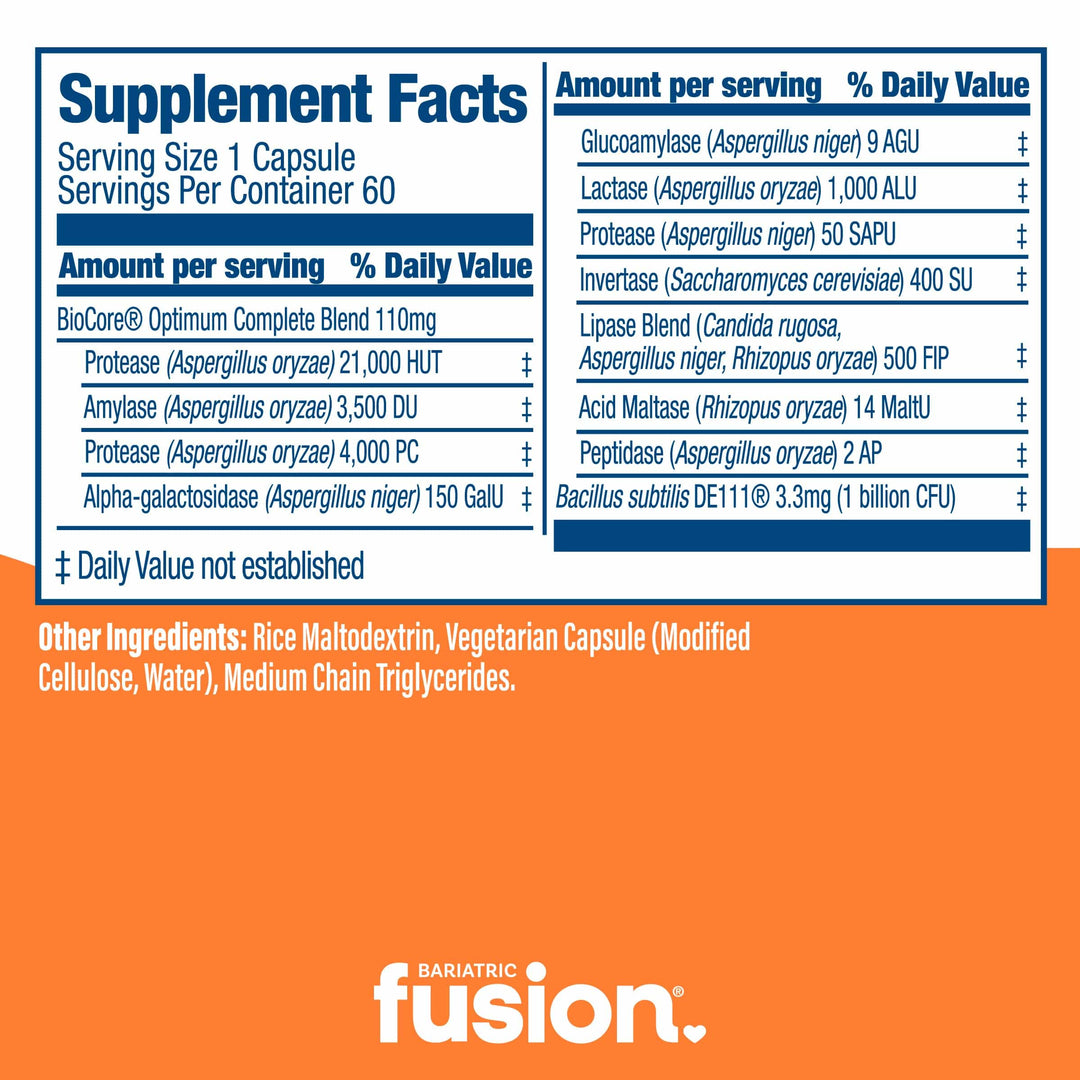 Bariatric Digestive Support: Digestive Enzymes and probiotics capsules supplement facts.