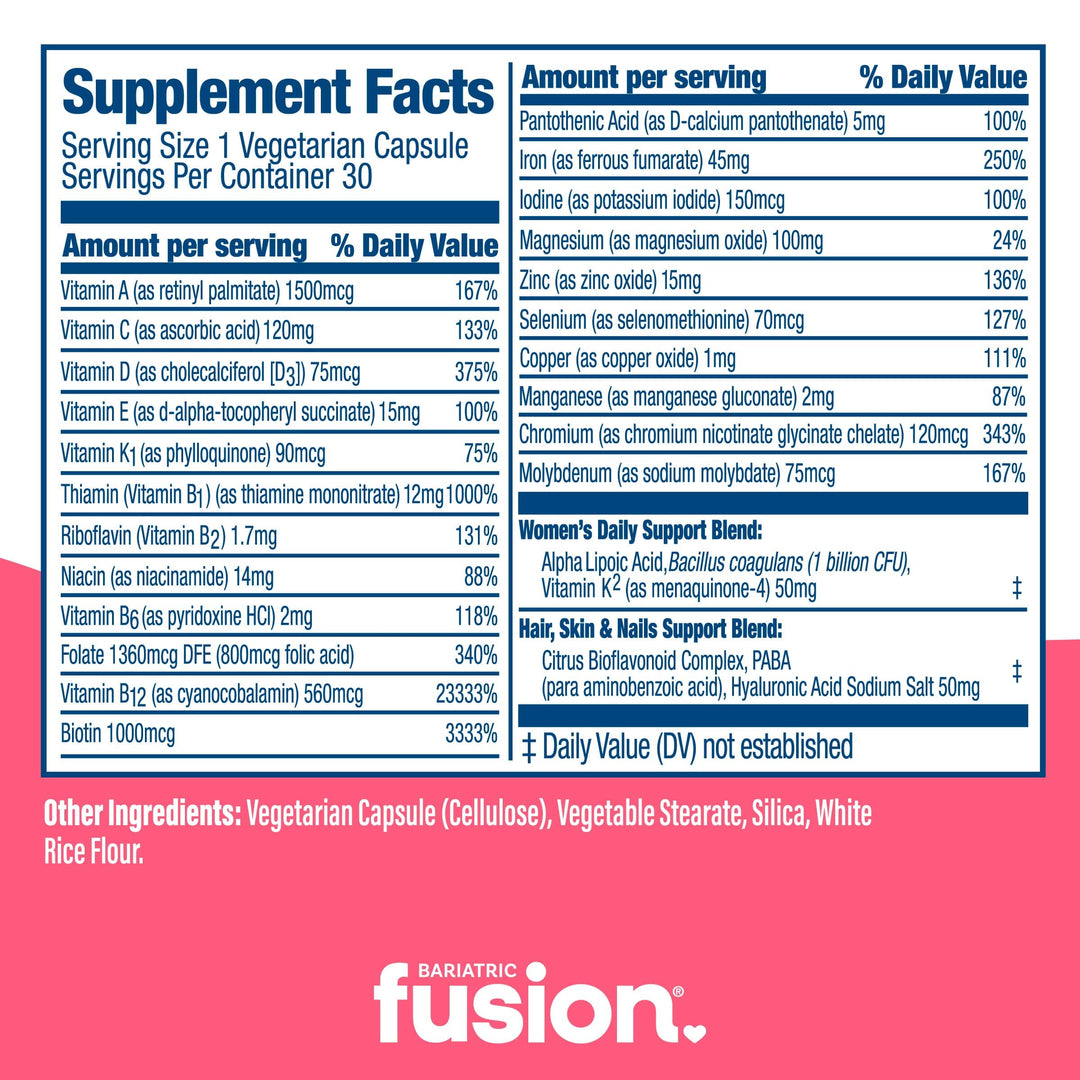 Bariatric Women’s One Per Day Multivitamin 30 capsules supplement facts.