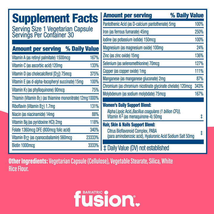 Bariatric Women’s One Per Day Multivitamin 30 capsules supplement facts.