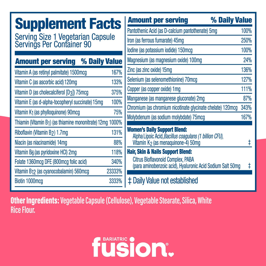 Bariatric Women’s One Per Day Multivitamin 90 capsules supplement facts.