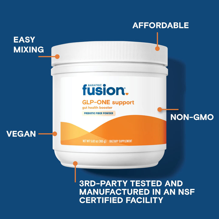 Bariatric Fusion GLP-ONE Support Fiber Powder is vegan, mixes easily, affordable, Non-GMO, and is third party tested.