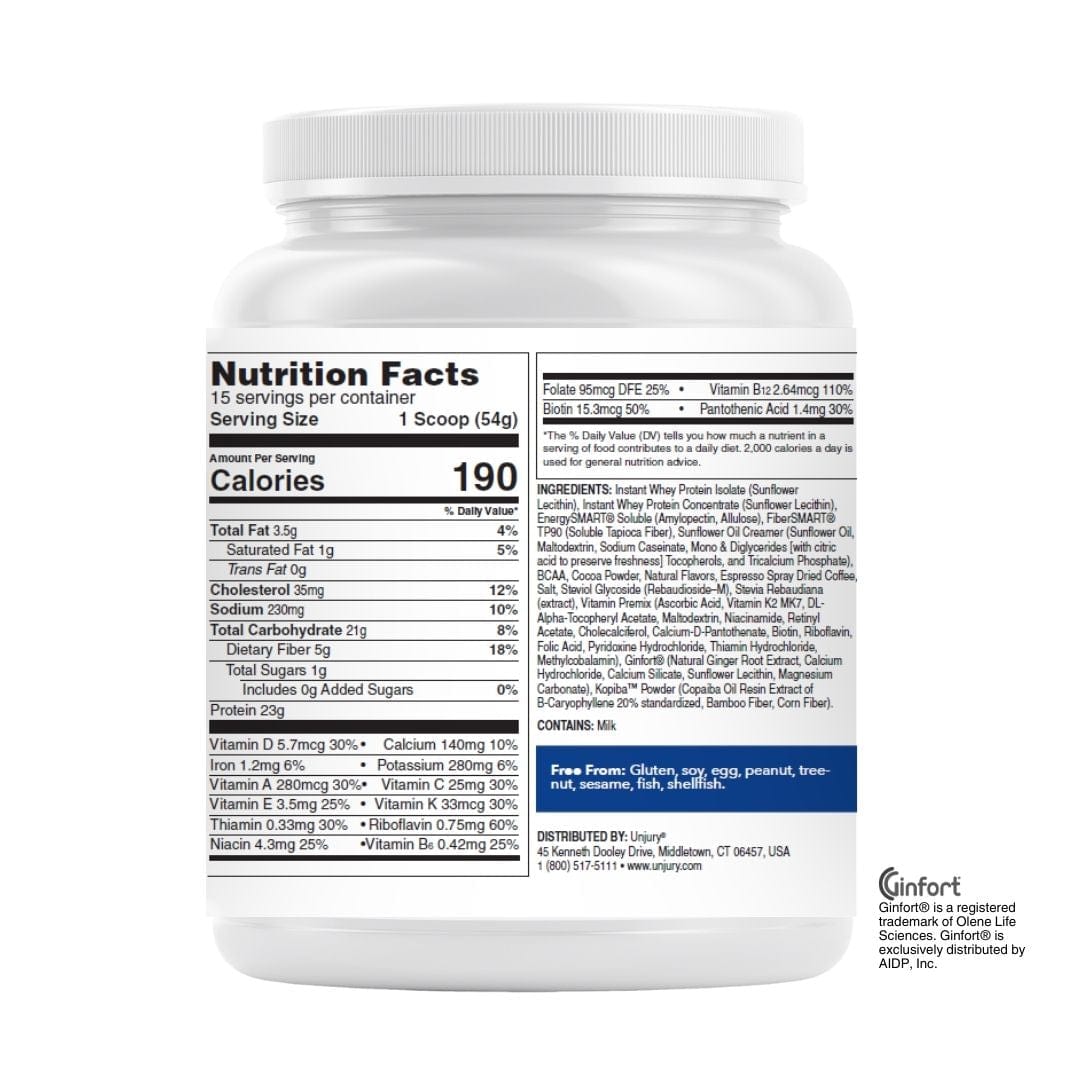 Unjury Protect and Restore Advanced Protein - Clinical Nutrition Drink in Chocolate Mocha servings and ingredients.