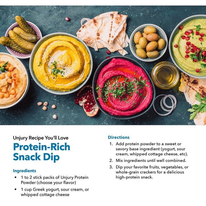 Unjury Variety Pack Protein Powder Single Serve Stick Packs Protein-Rich Snack Dip recipe.